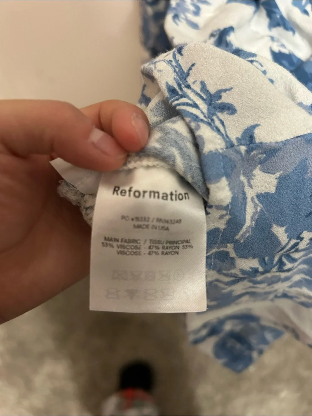 Reformation Blue and White Floral Square Neck Puff Sleeve Blouse